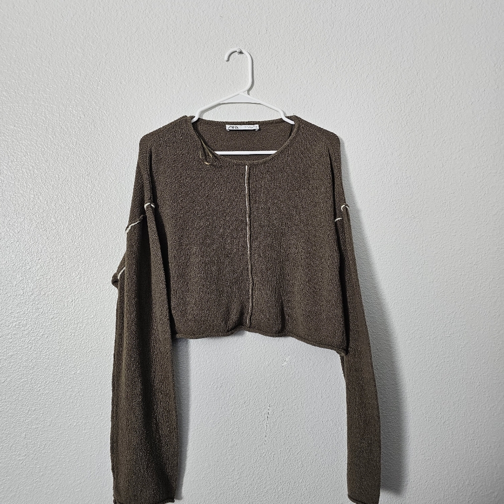 Zara Brown Cropped Knit Sweatshirt